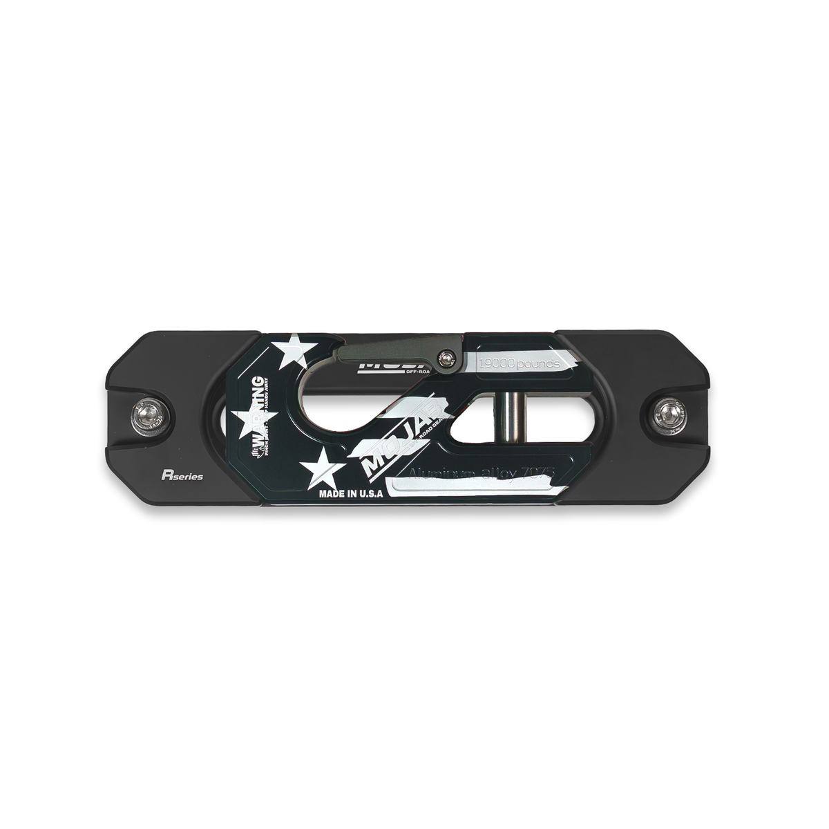 AFB Edition winch shackle on fairlead with 'MOJAB' branding.