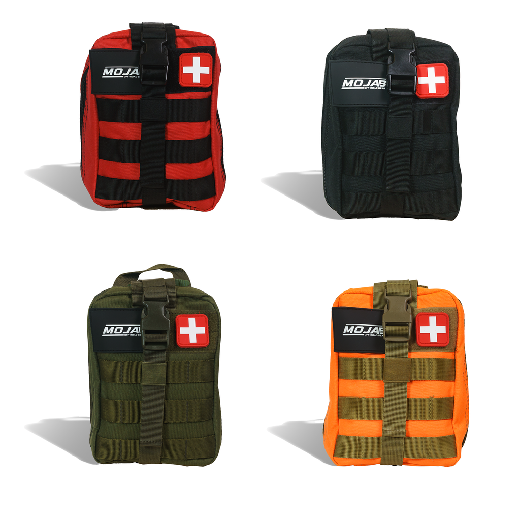 Four first aid bags in red, black, green, and orange with 'MOJAB' branding on a white background.