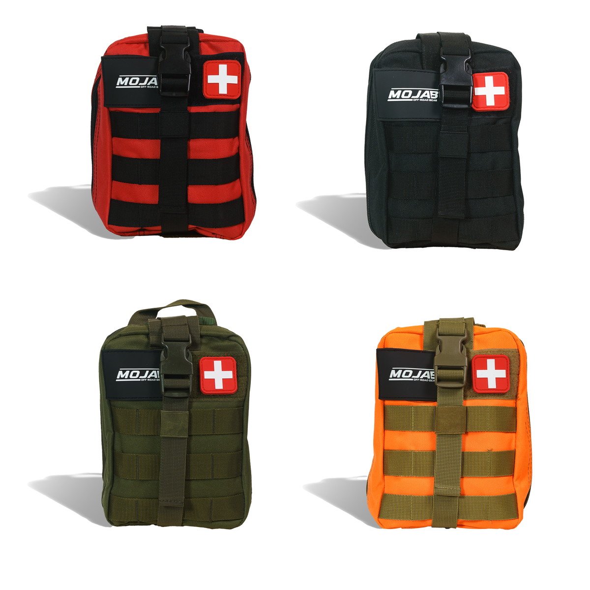 Four first aid bags in red, black, green, and orange with 'MOJAB' branding on a white background.