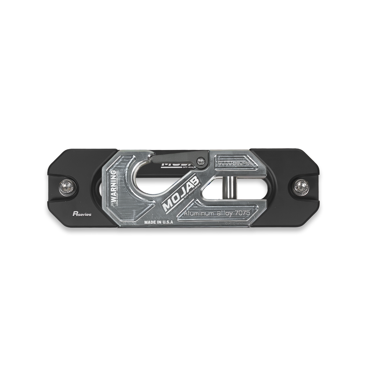 Aluminum Raw winch shackle on fairlead with 'MOJAB' branding.