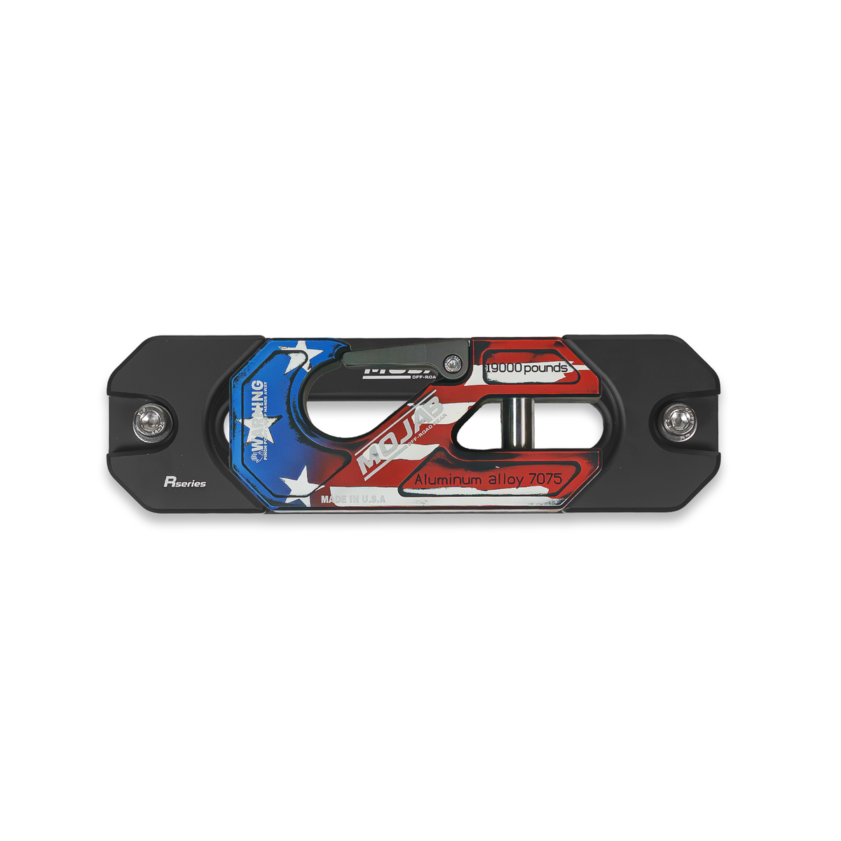 American Flag winch shackle on fairlead with 'MOJAB' branding.