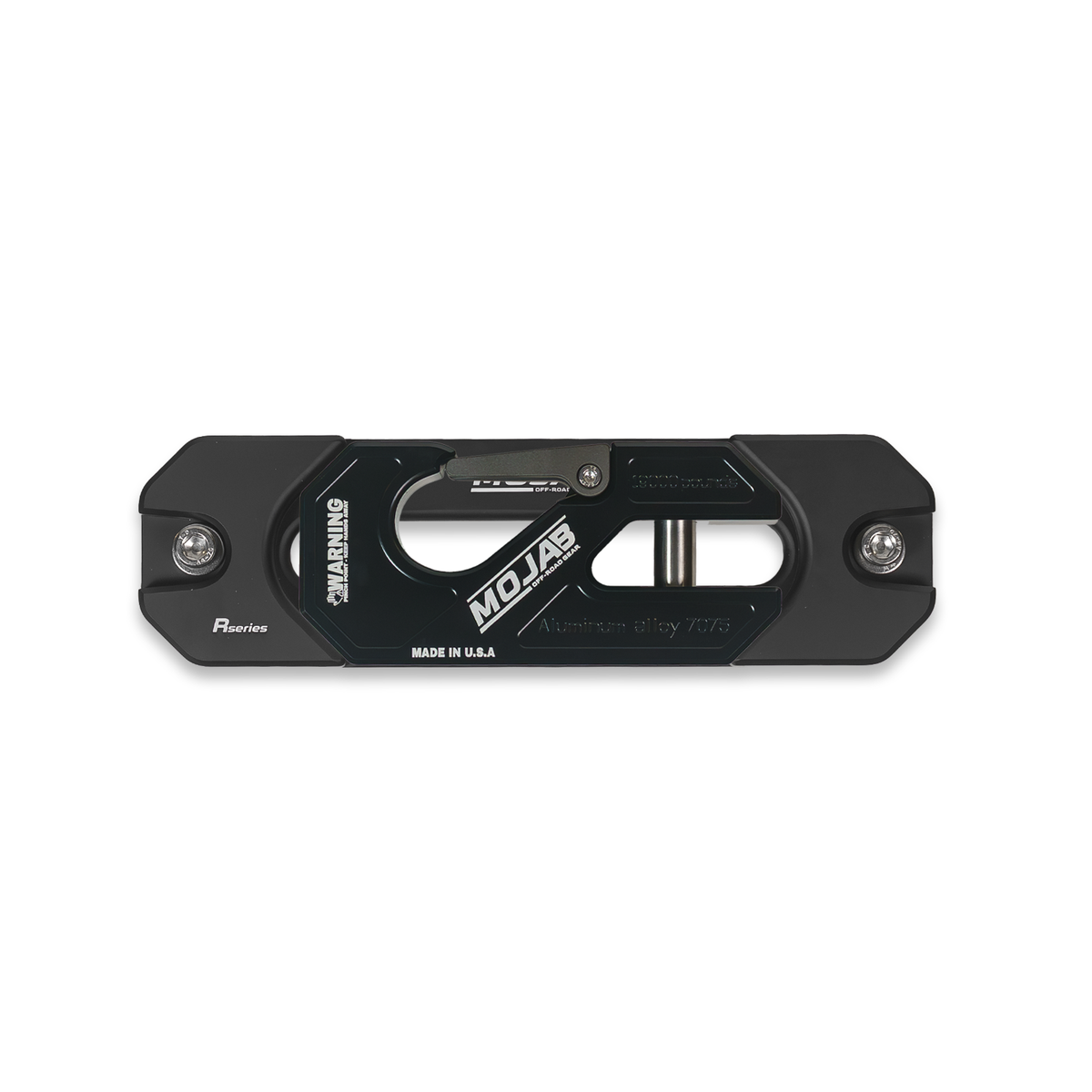 Black winch shackle on fairlead with 'MOJAB' branding.