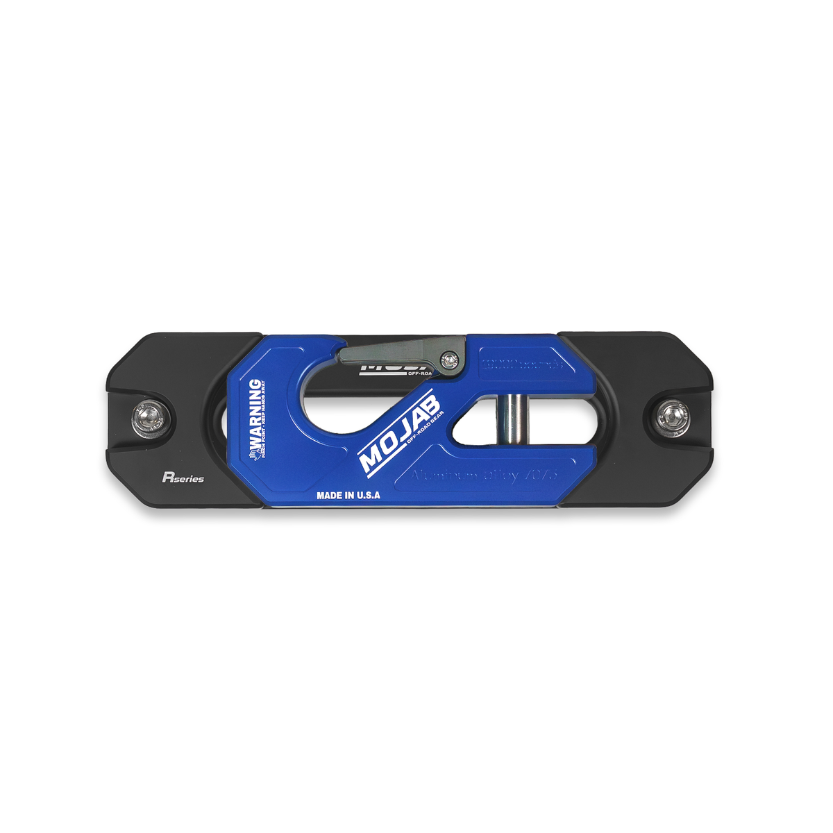 Blue winch shackle on fairlead with 'MOJAB' branding.