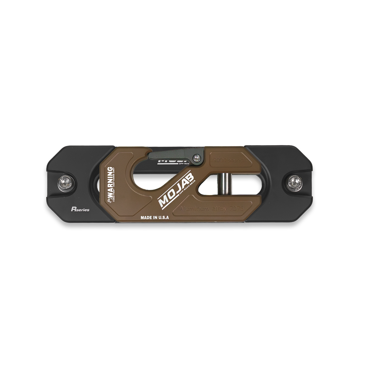 Brown winch shackle on fairlead with 'MOJAB' branding.