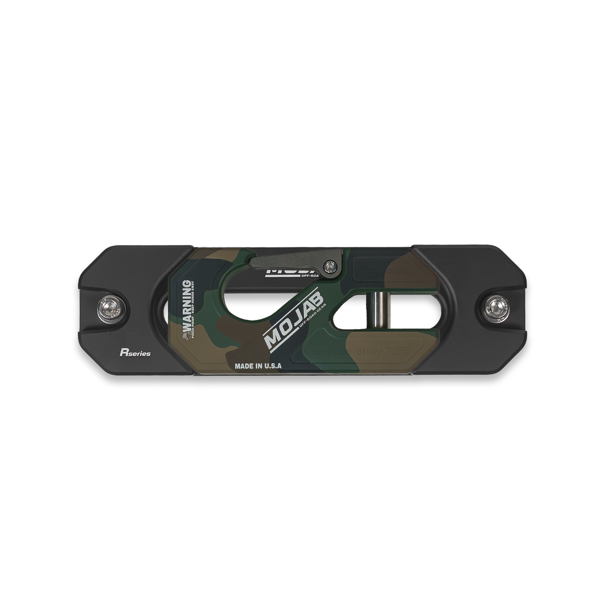 Camo winch shackle on fairlead with 'MOJAB' branding.