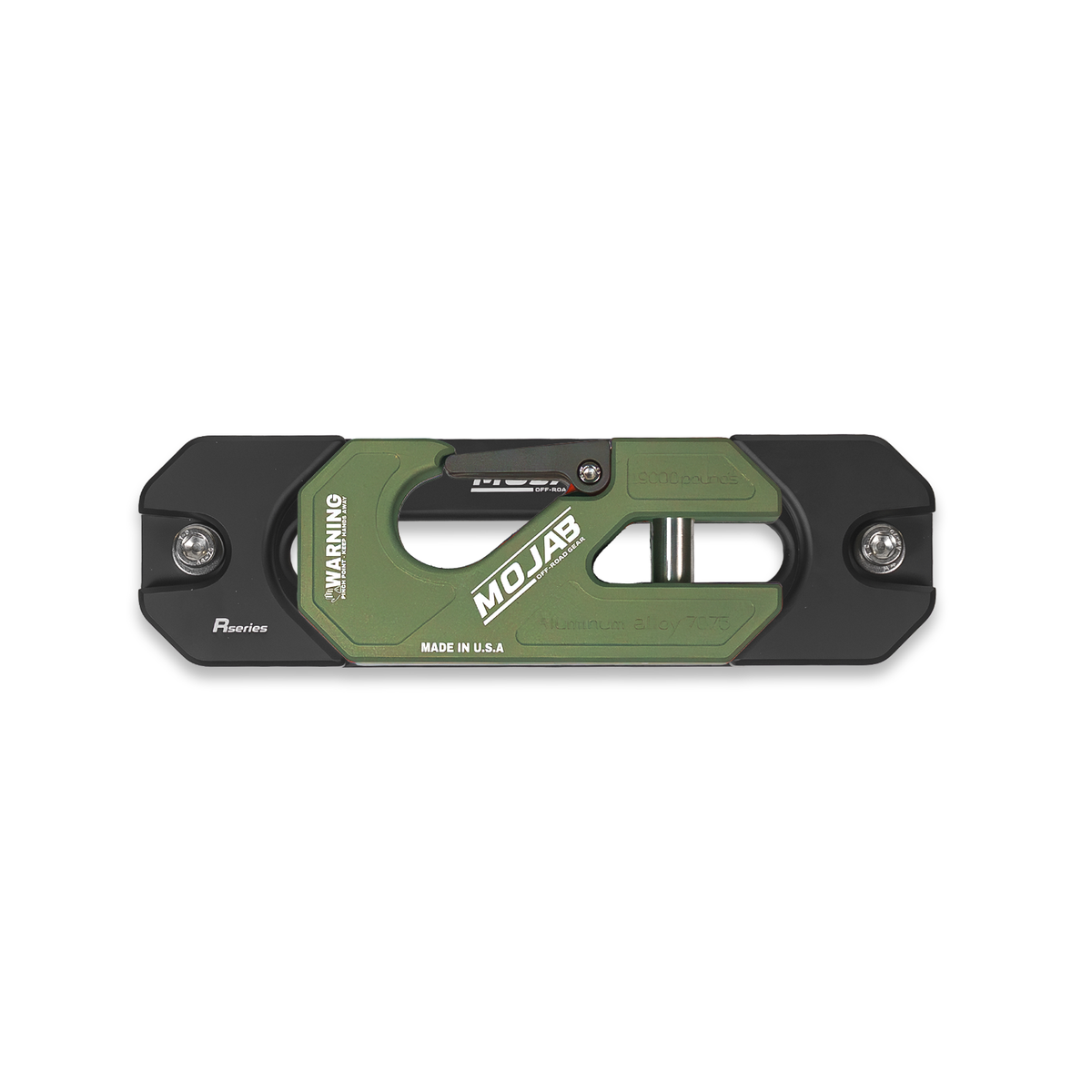 Crocodile winch shackle on fairlead with 'MOJAB' branding.