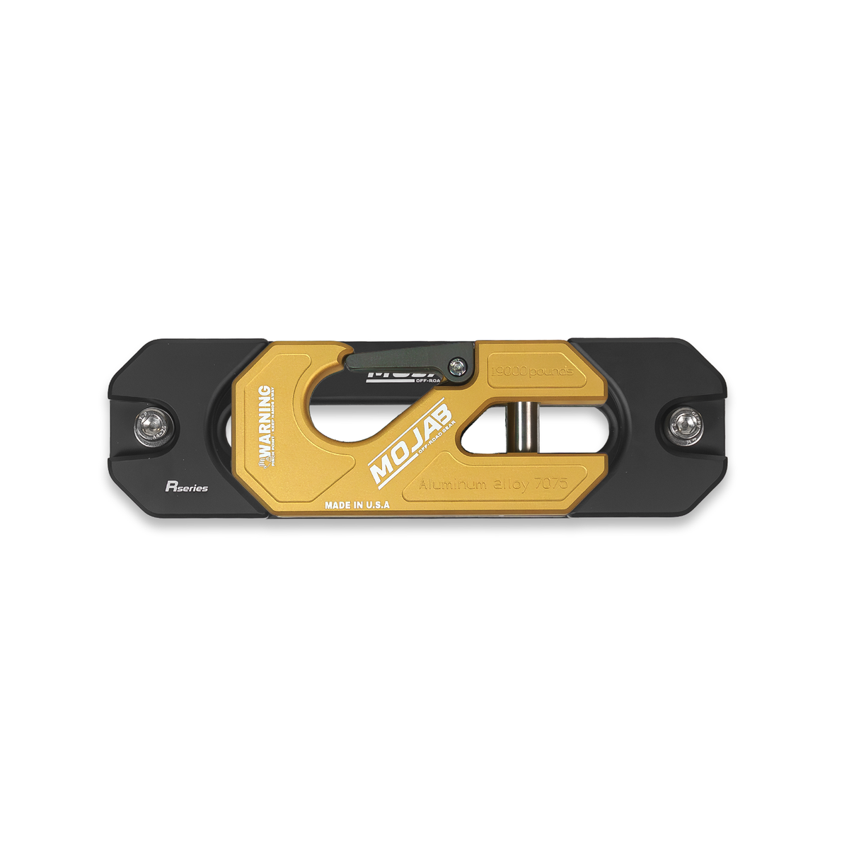 Gold winch shackle on fairlead with 'MOJAB' branding.