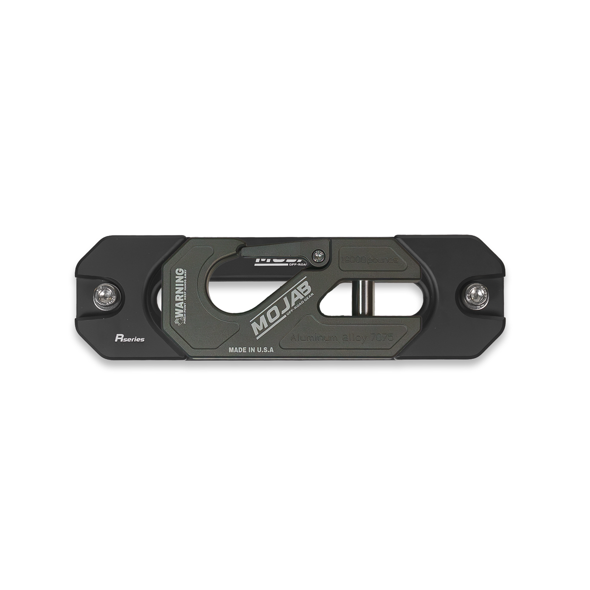 Grey winch shackle on fairlead with 'MOJAB' branding.
