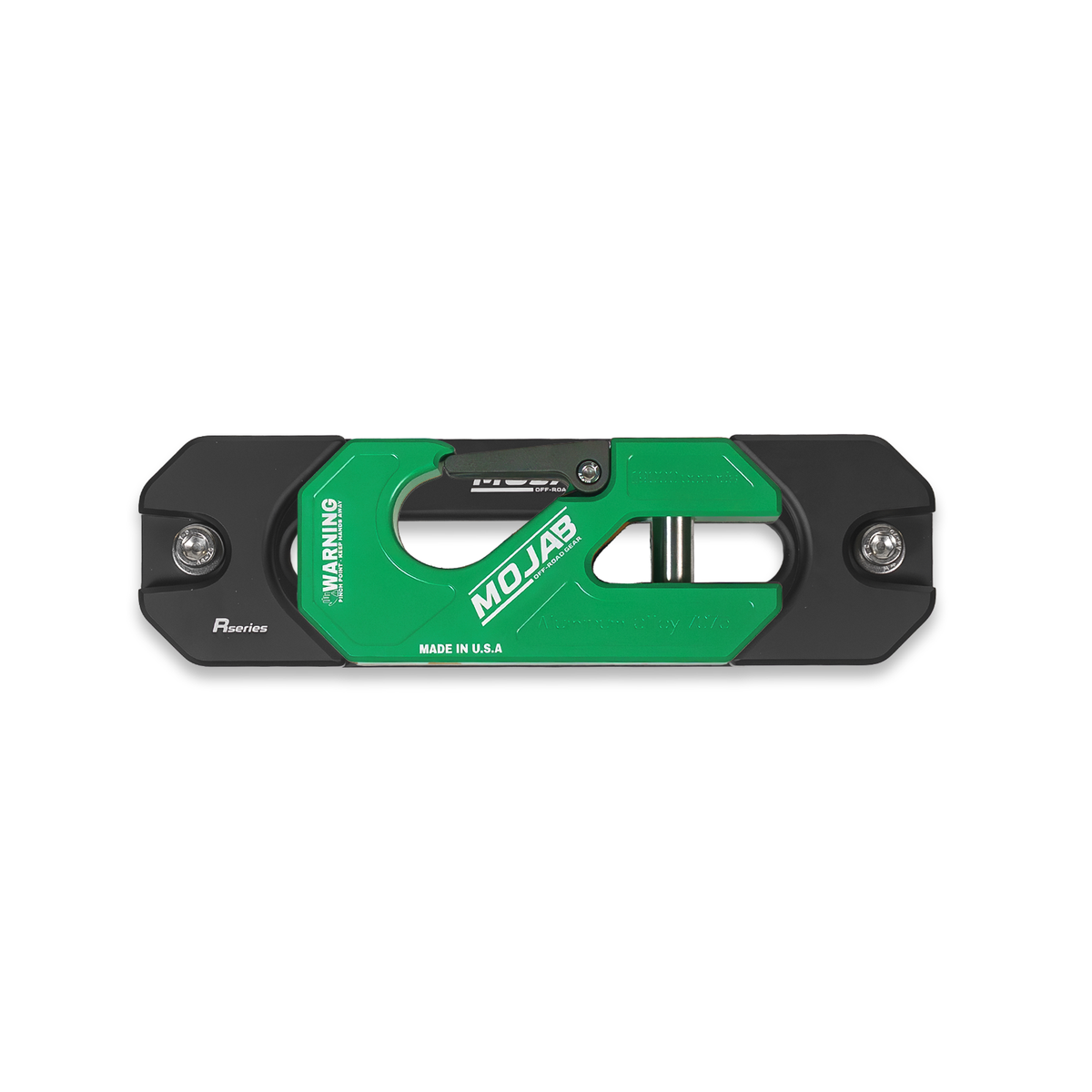 Green winch shackle on fairlead with 'MOJAB' branding.