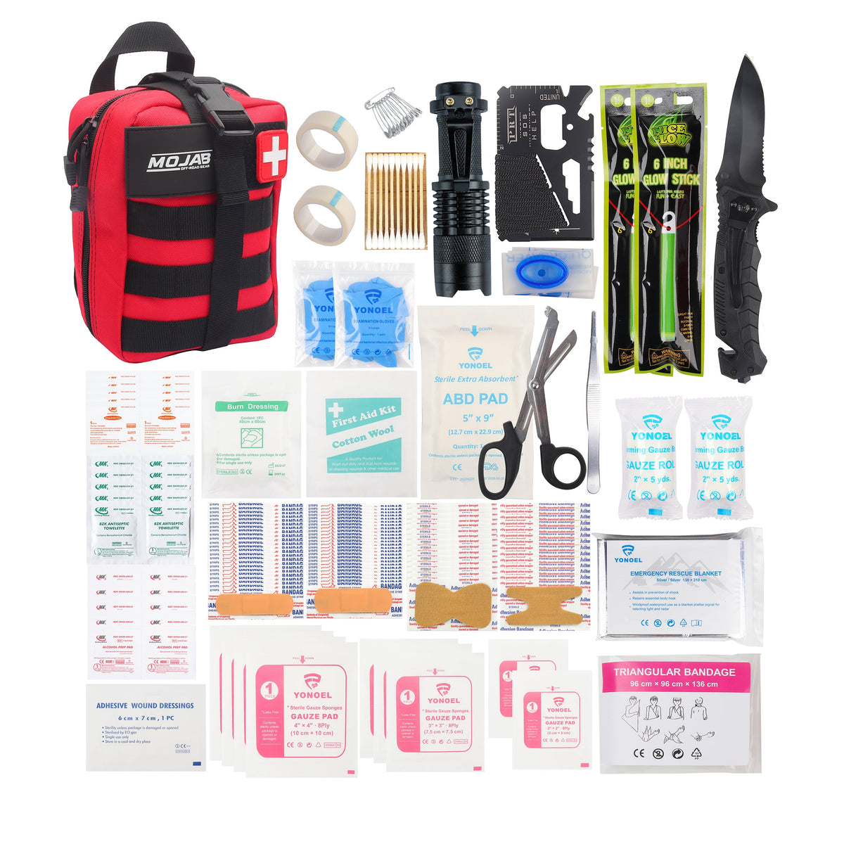 Red, Black, Orange, and Green first aid kit with various supplies including a red and black bag, flashlight, and bandages on a white background.
