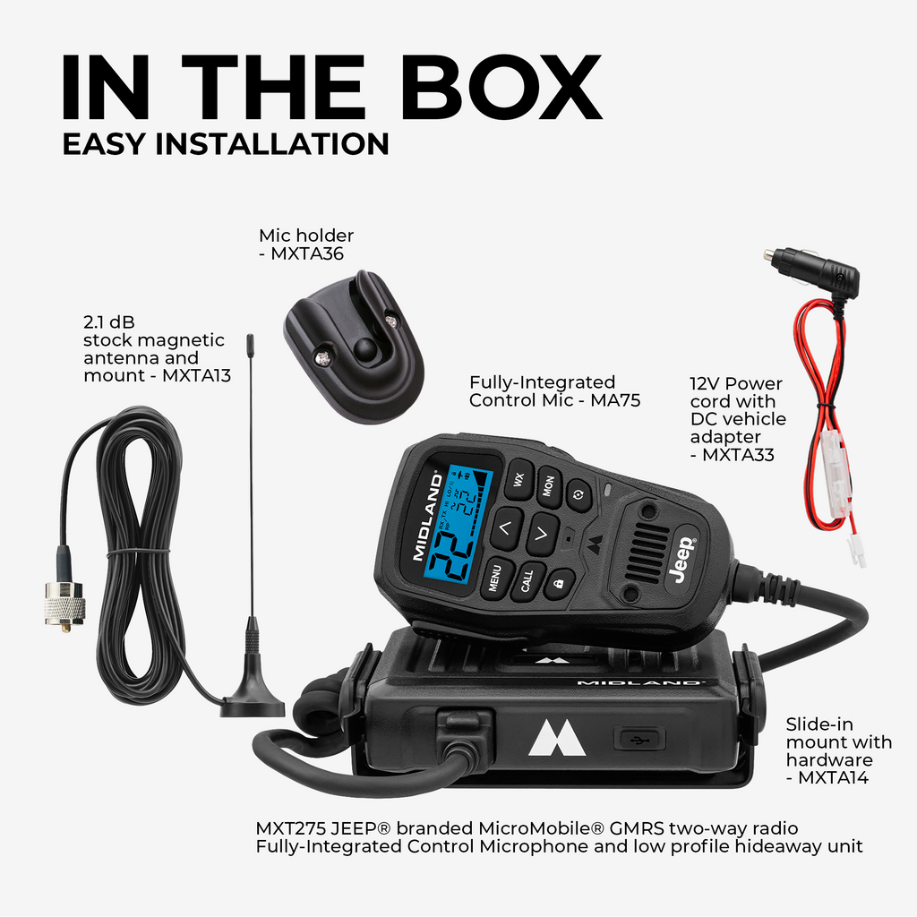 Midland MXT275 two-way radio with accessories on a white background