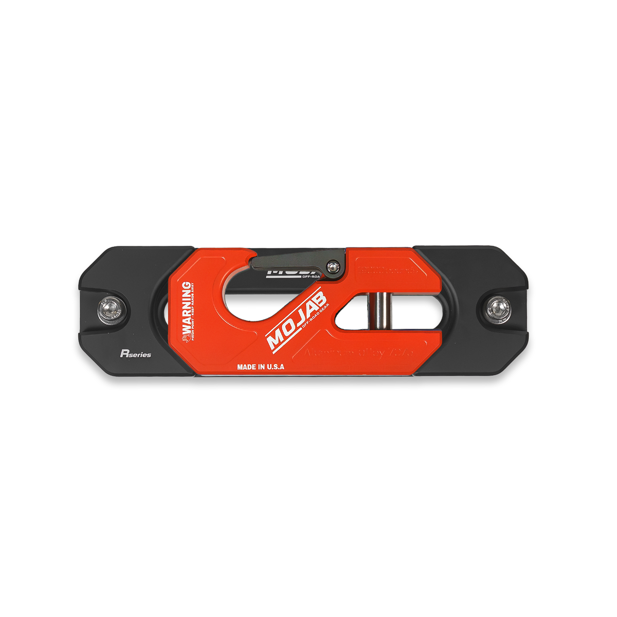 Orange winch shackle on fairlead with 'MOJAB' branding.