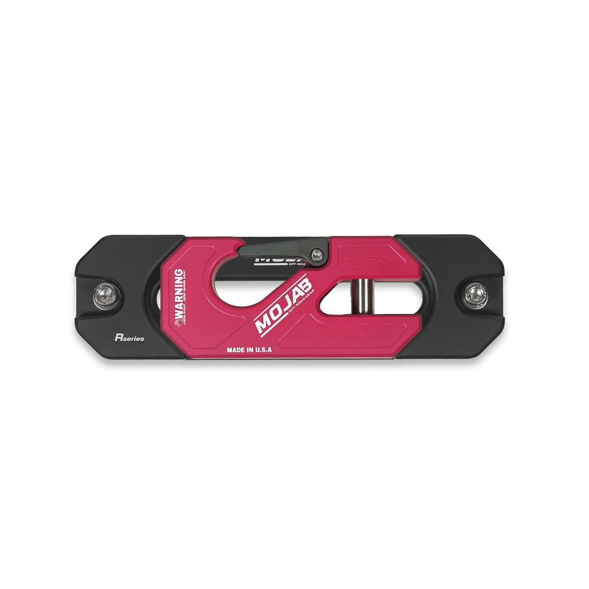 Pink winch shackle on fairlead with 'MOJAB' branding.