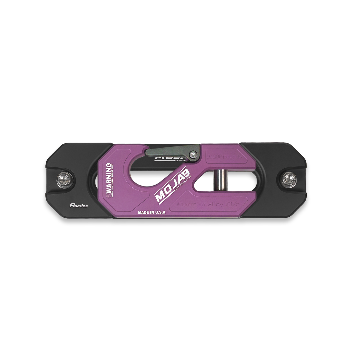 Purple winch shackle on fairlead with 'MOJAB' branding.