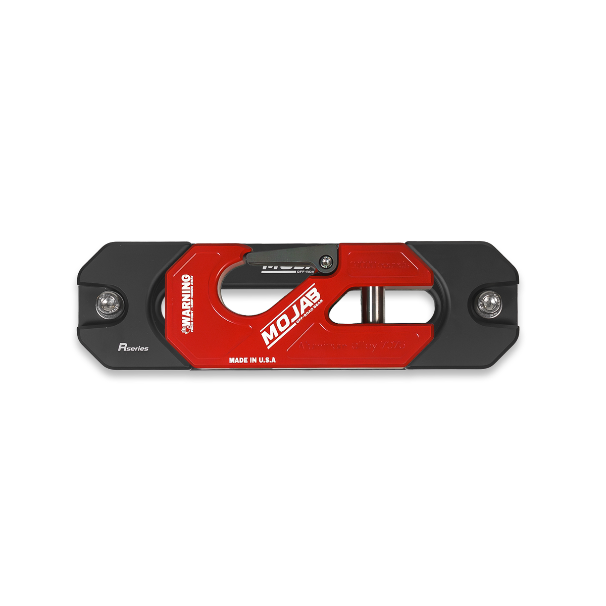 Red winch shackle on fairlead with 'MOJAB' branding.
