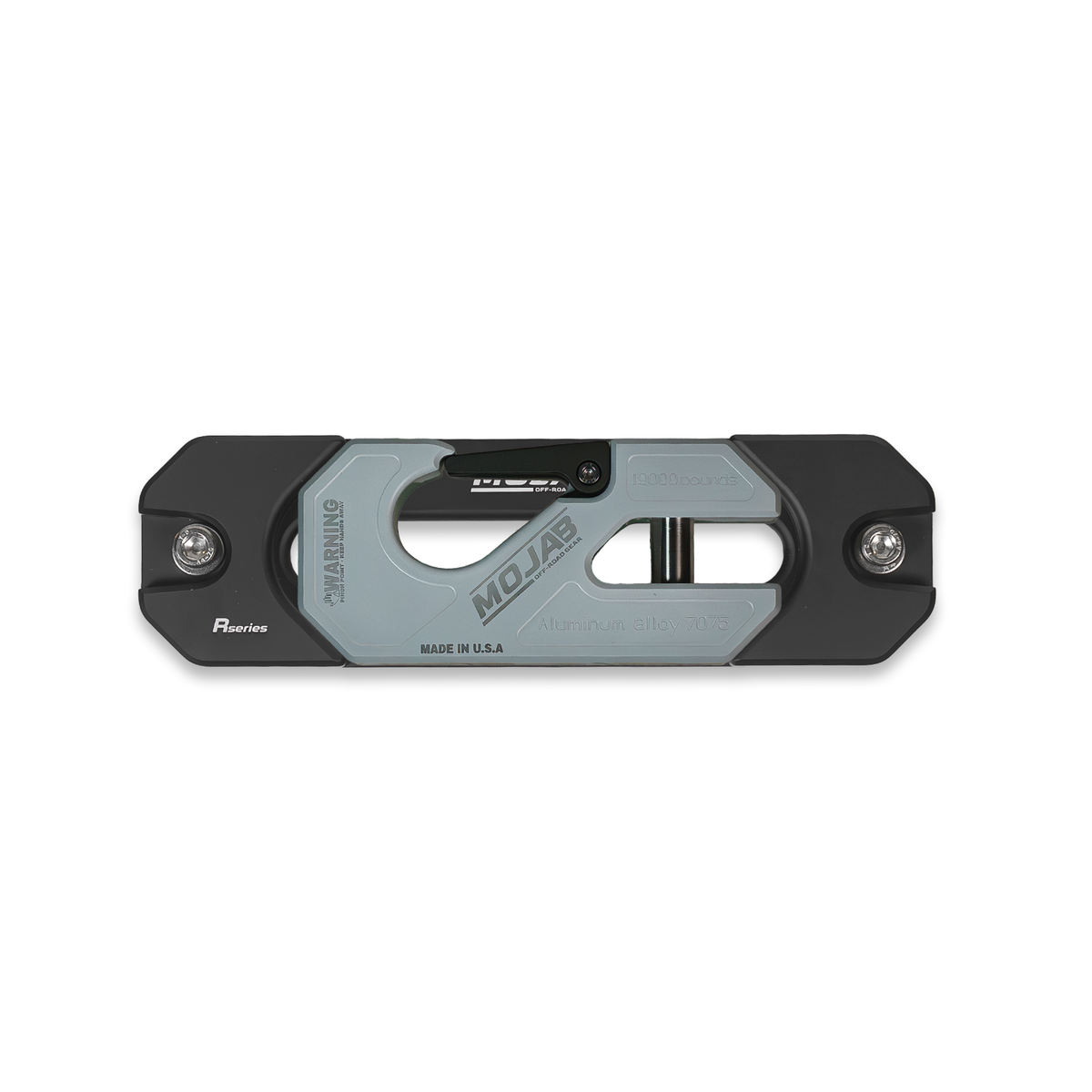 Silver winch shackle on fairlead with 'MOJAB' branding.