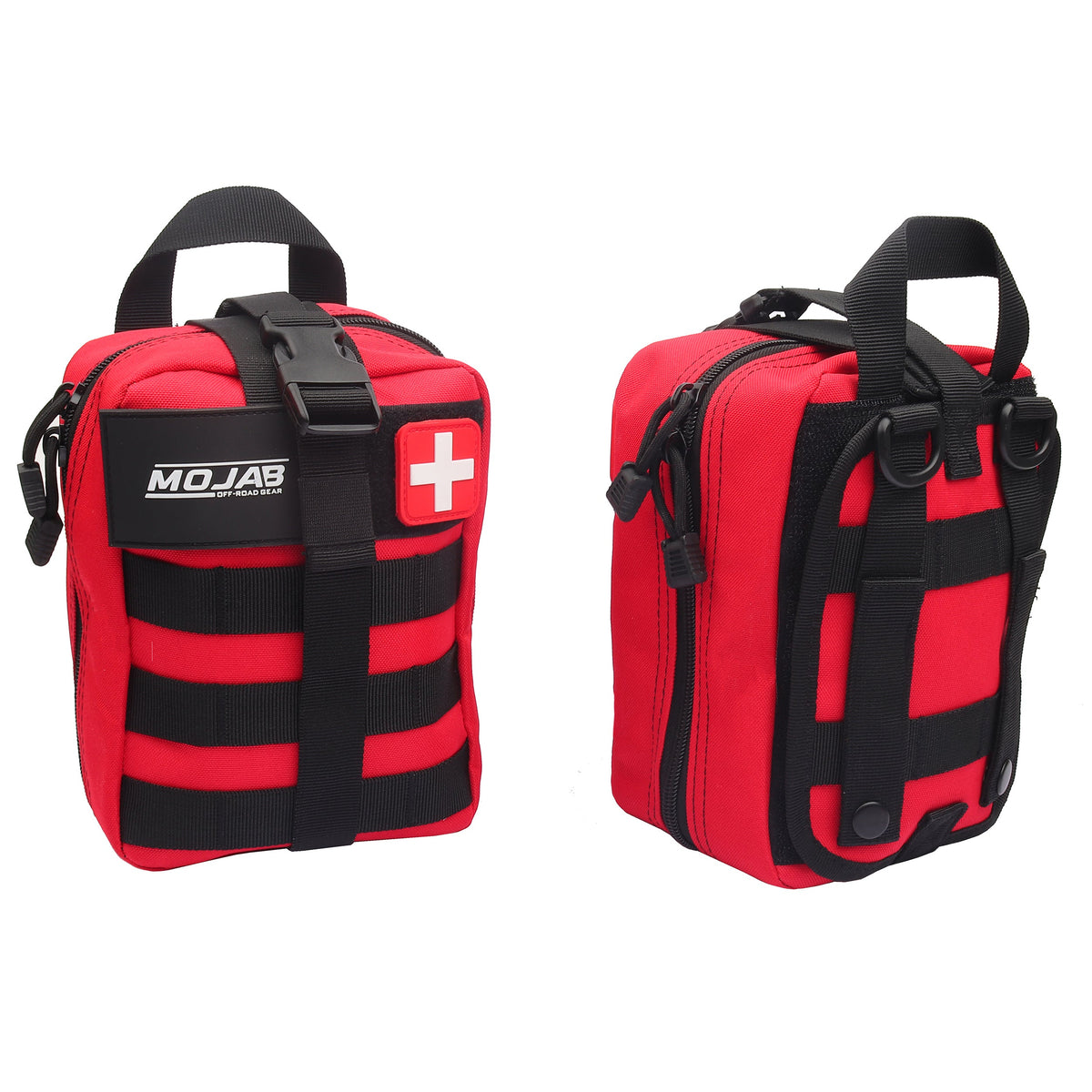 Two red and black medical bags with a white cross on a white background