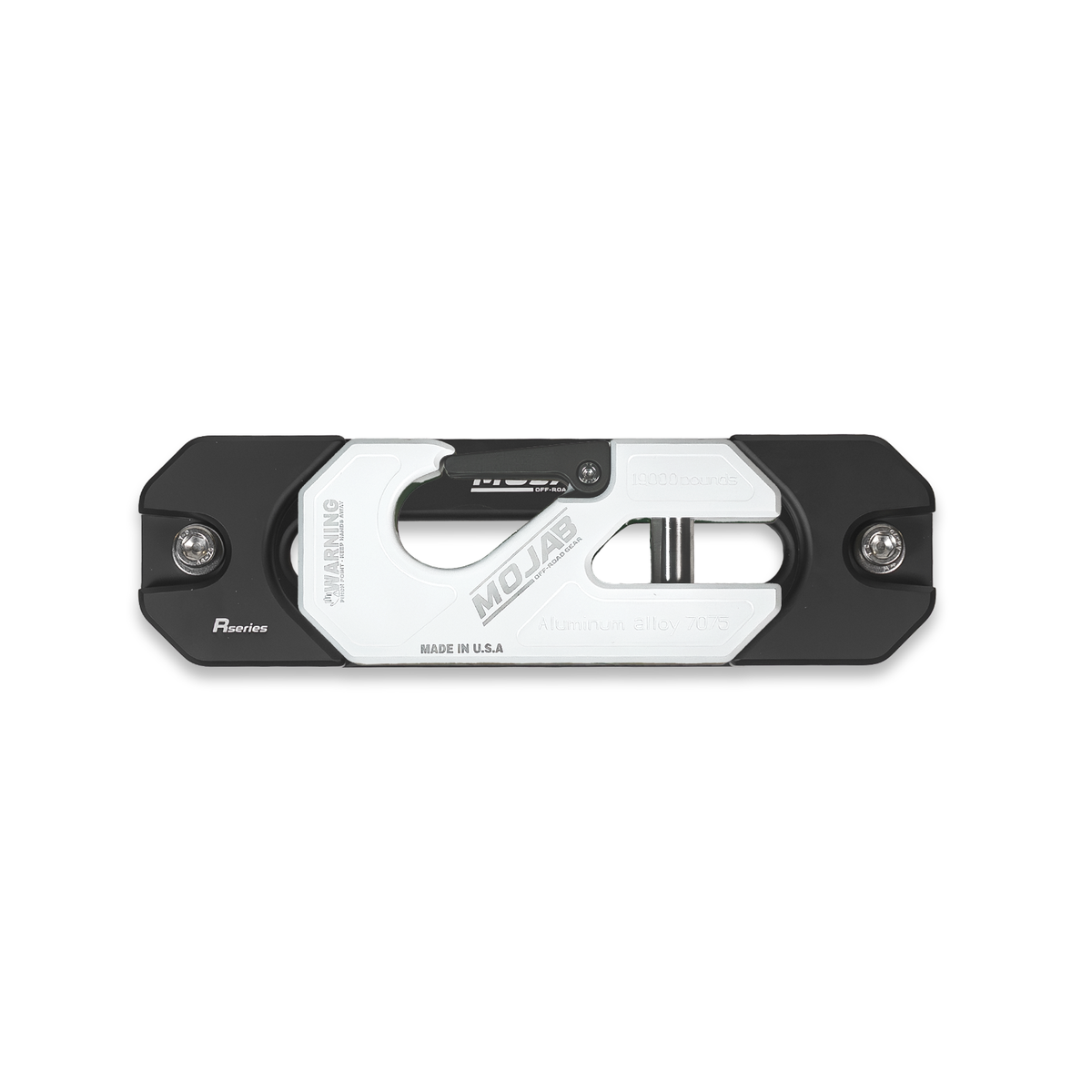 White winch shackle on fairlead with 'MOJAB' branding.