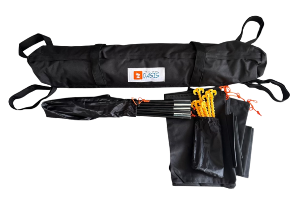 A black camping tent shown disassembled with its carrying bag, poles, and yellow/orange guy lines on a plain white background.